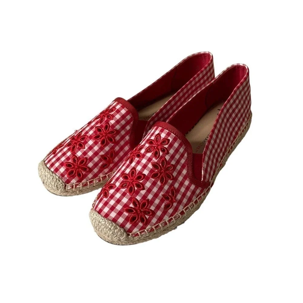 Isaac Mizrahi Live! Red Gingham Ladies Espadrilles Eyelet Embroidery Size 9 M